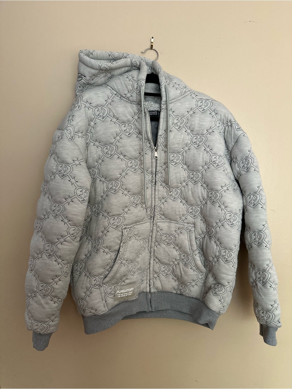 Quilted Hooded Zip-Up Sweatshirt in Light Gray